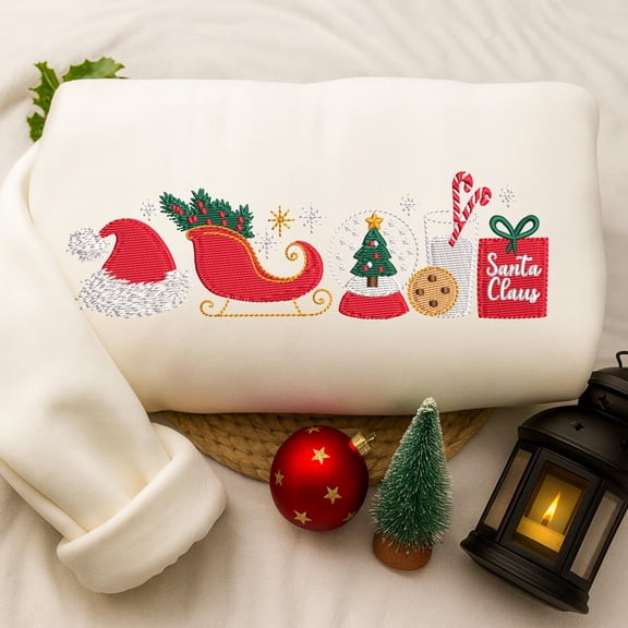Christmas Santa Claus Sleigh TRee Embroidered Sweatshirt, Christmas Pattern Embroidered Shirt, Winter Holiday Hoodie, Christmas Gift