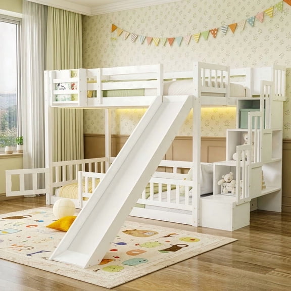 Twin-Over-Twin Bunk Bed with Slide, Storage Staircase & Detachable Rack, Wooden Kids Bed Frame with LED Light & Guardrail