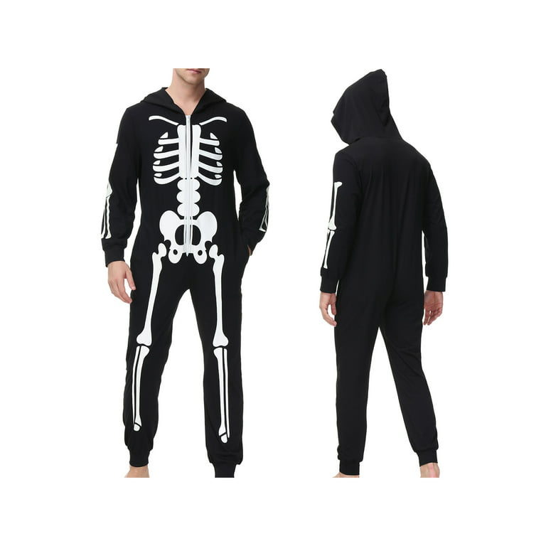Halloween Costume for Women Men and Kids Family Matching Outfits Jumpsuit  Skeleton Print Hooded Romper with Zipper 