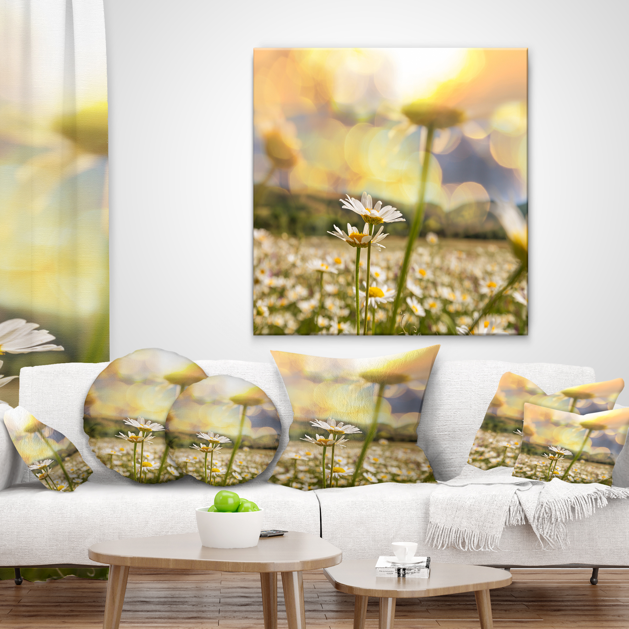 Designart Blooming Chamomiles Flowers - Landscape Printed Throw Pillow - 16x16