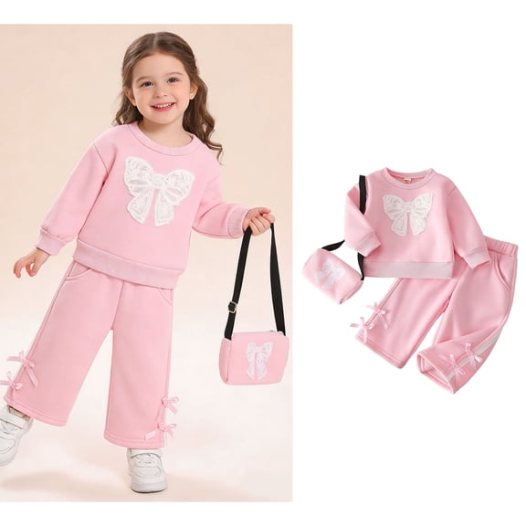 Three Piece Set for Girls Long Sleeve Bow Sweatshirt and Sweatpants Set Girls Spring Outfits Preppy Clothes for 12-18 Months
