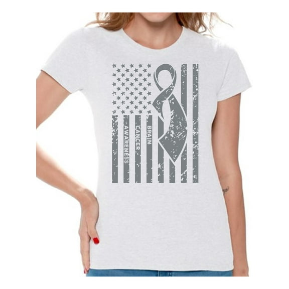 Awkward Styles Women's Brain Cancer Awareness Graphic T-shirt Tops Gray Ribbon