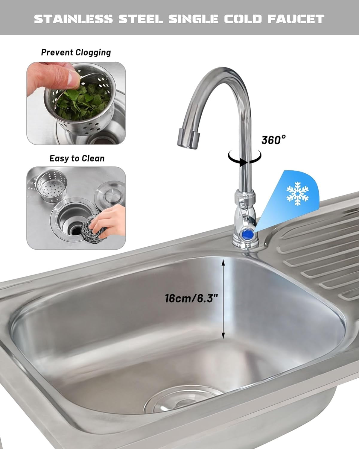 Freestanding Stainless Steel Utility Sink Outdoor Garden Kitchen Sink Single Bowl Commercial Restaurant Sink Set with Faucet for Backyard Camping Garage Laundry Room Easy to Wash(29.5x15.5xH29.5in)