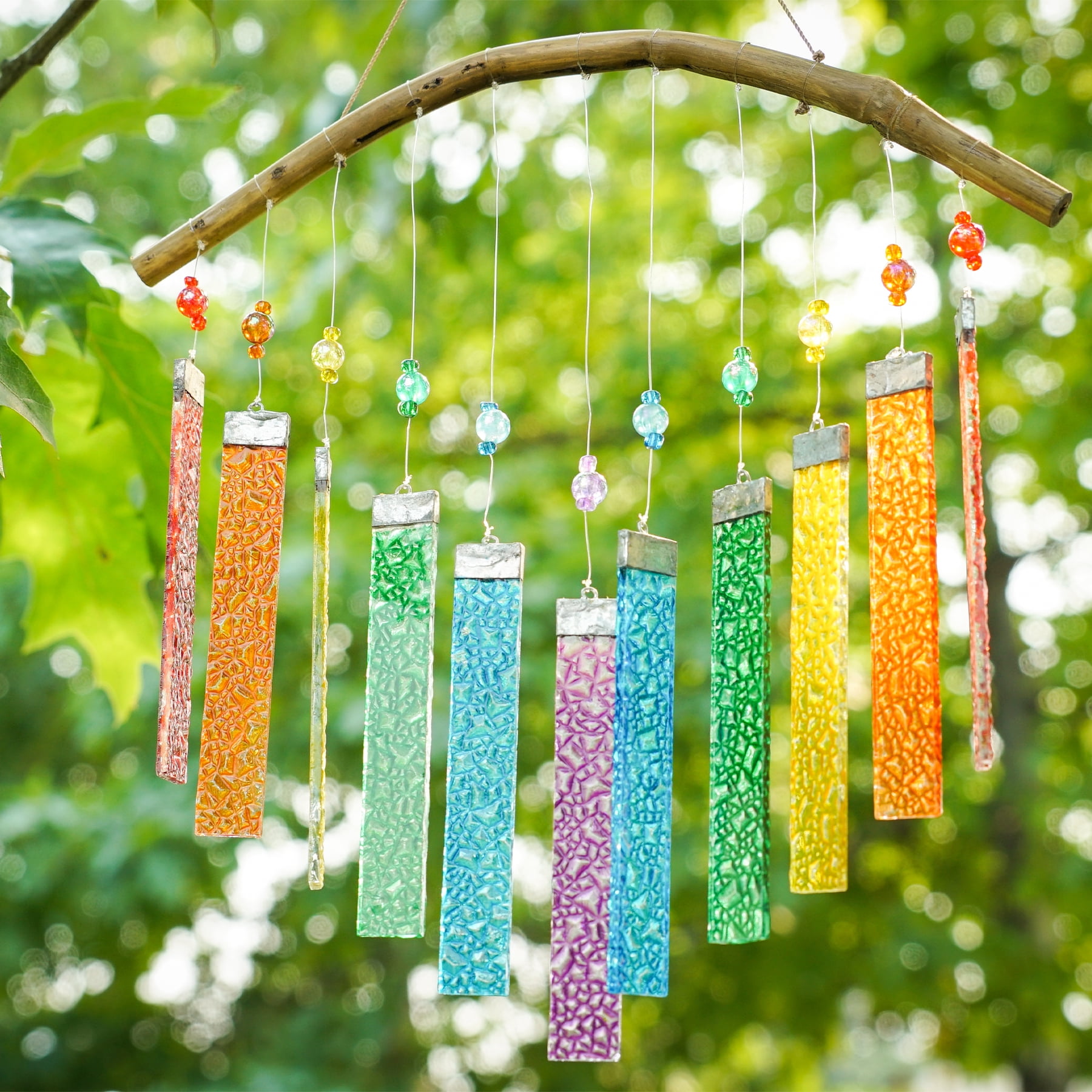 In the Breeze 7025 — Rainbow Textured Glass Mobile Wind Chime — Colorful and Melodic Stamped Glass Chime for Porches and Patios