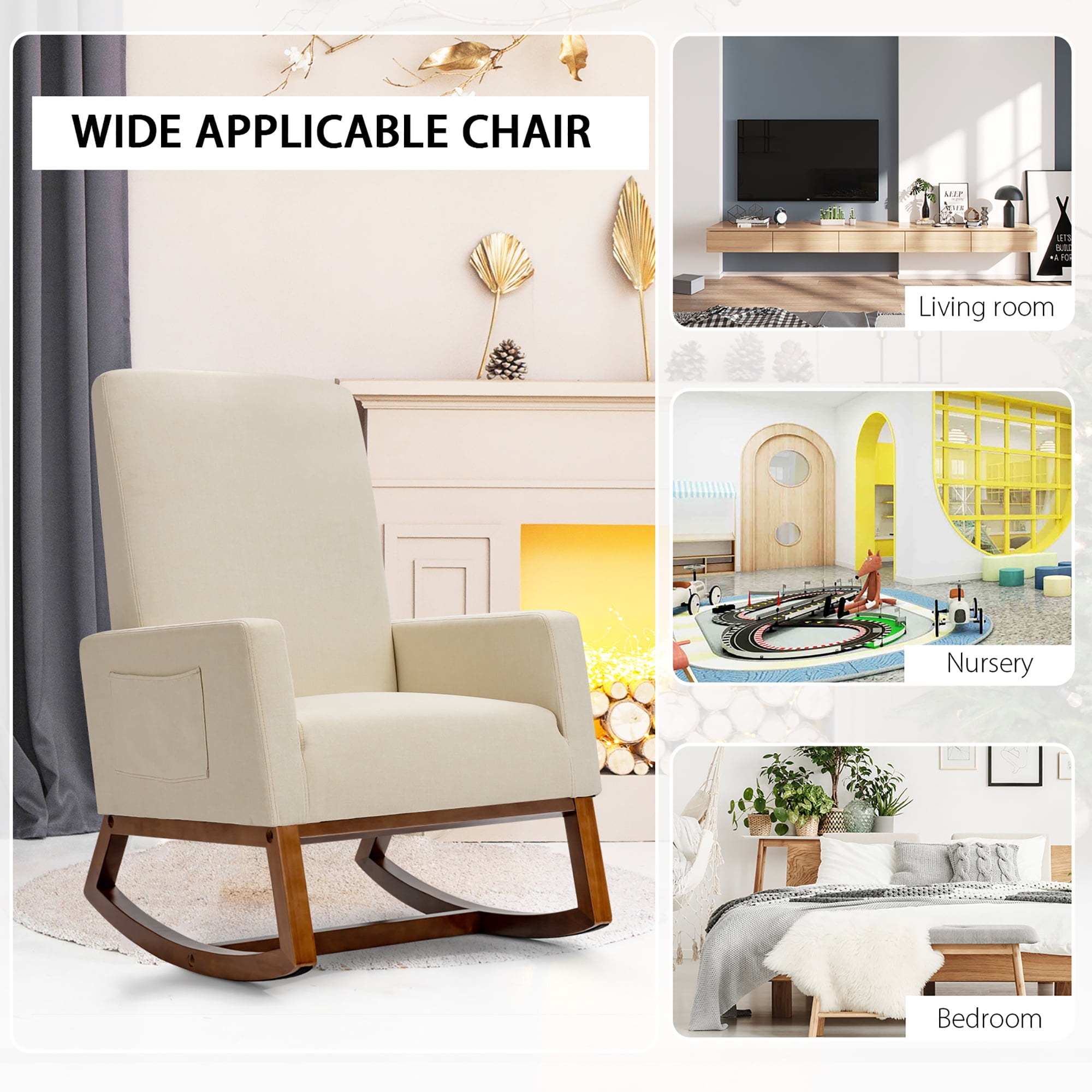Costway Mid Century Retro Fabric Upholstered Rocking Chair Modern