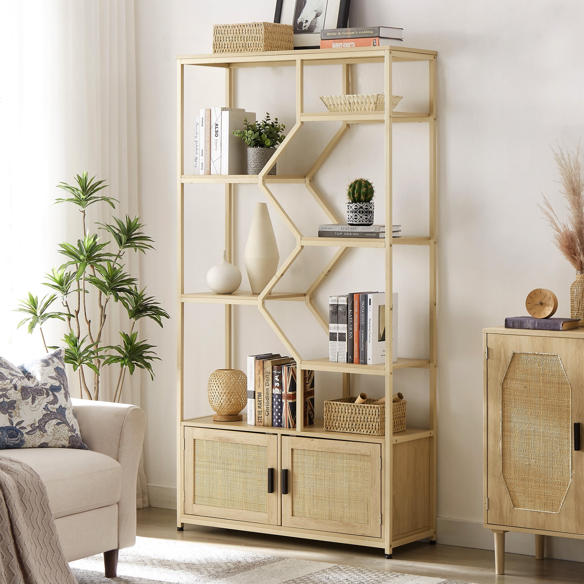 APPLE HOUSE タンス Farmhouse Bookcase and Bookshelf with Storage Cabinet & Door