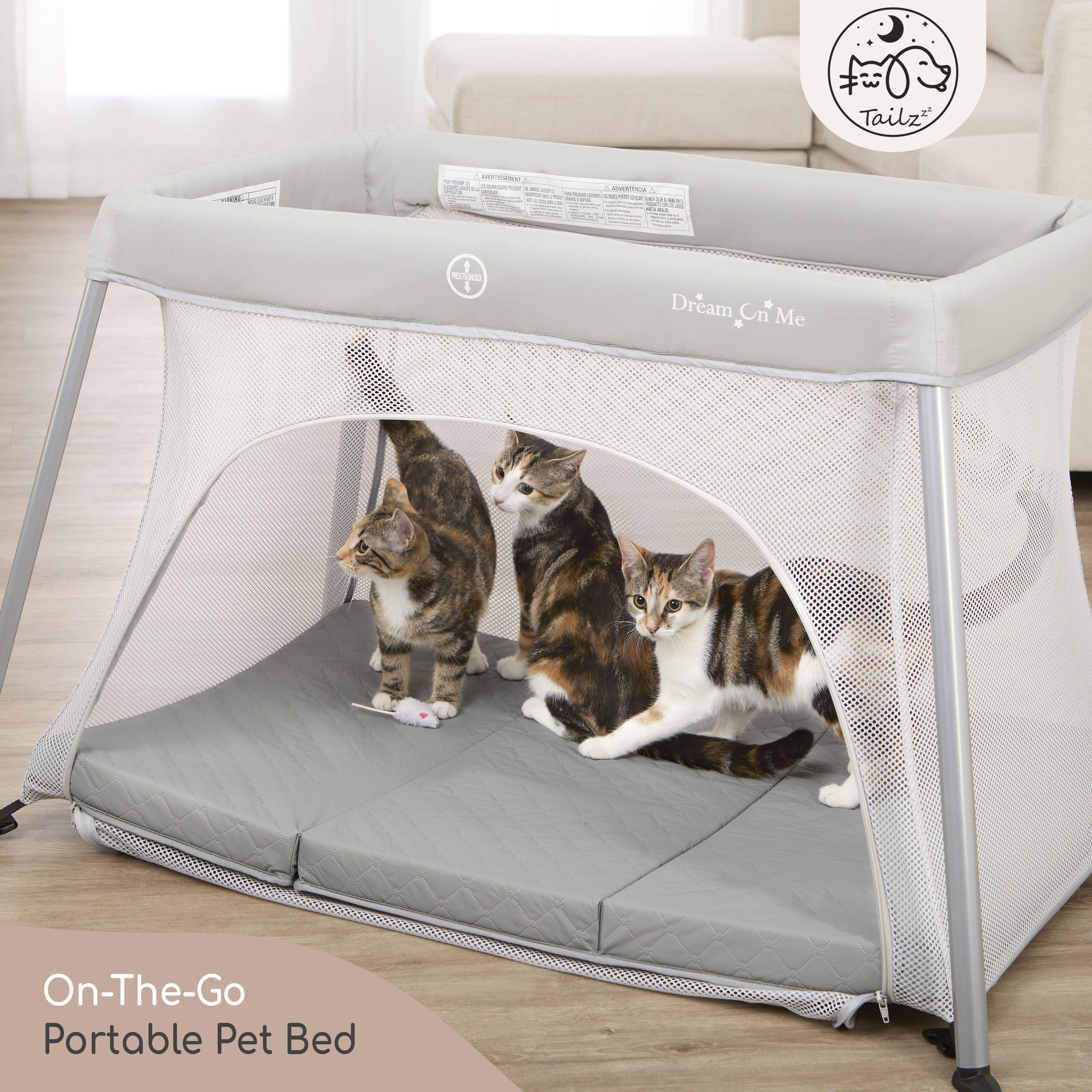 TailZzz On-The-Go Portable Pet Bed, Grey