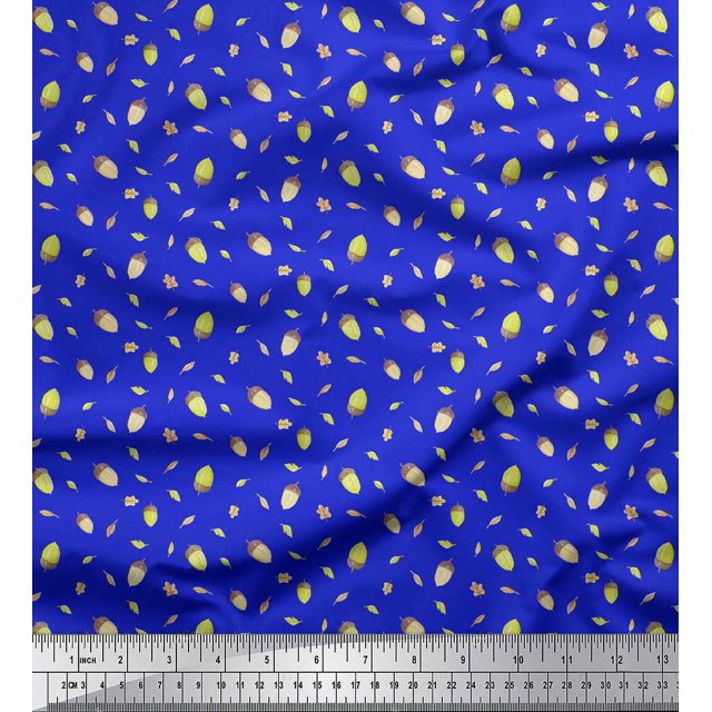 Soimoi Blue Poly Georgette Fabric Oaknut & Oak Leaves Fabric Prints by Yard 52 Inch Wide