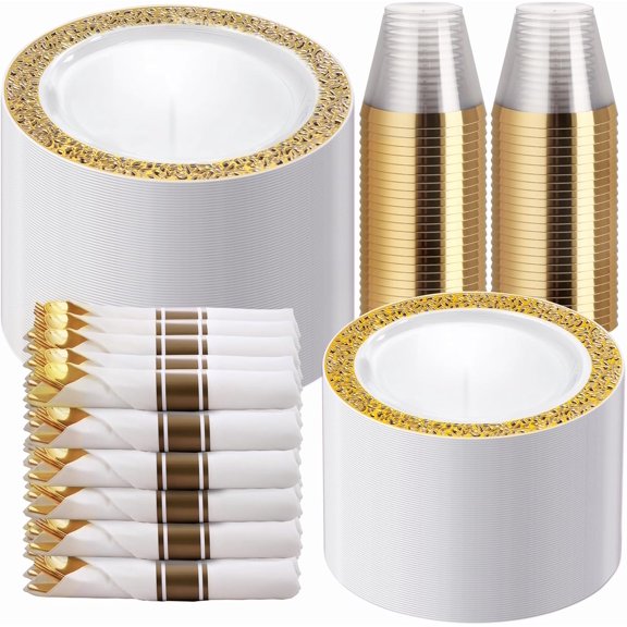 50 Guests Dinnerware Sets, Gold Plastic Plates，Platos Para   s Elegantes Desechables Include:50 Dinner Plates, 50 Dessert Plate, 150 Pcs Gold Plastic   lverware, 50 C  s for Party