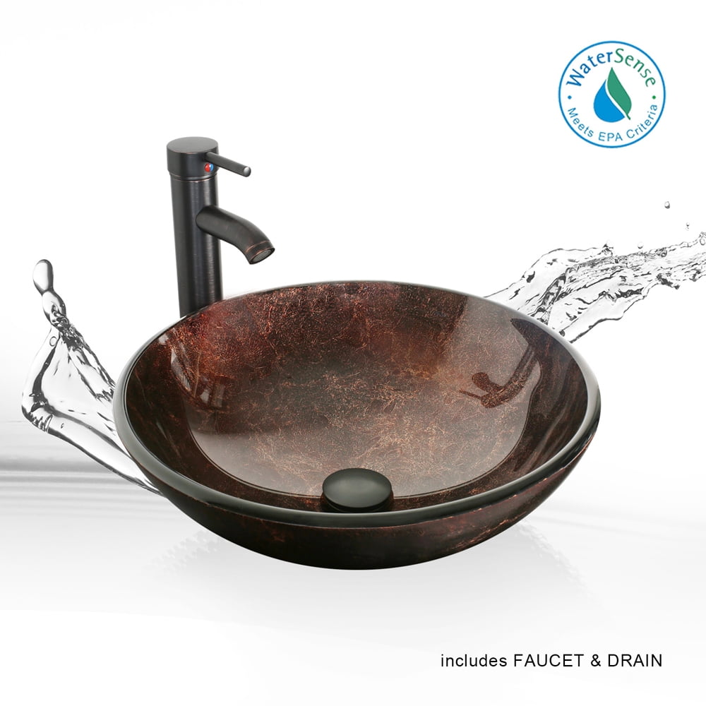 Eclife 16.5" bathroom Basin Sink Modern Round Artistic Vanity Sinks Combo with Oil Rubbed Bronze Faucet & Pop up Drain Bathroom Bowl Combo, Brown