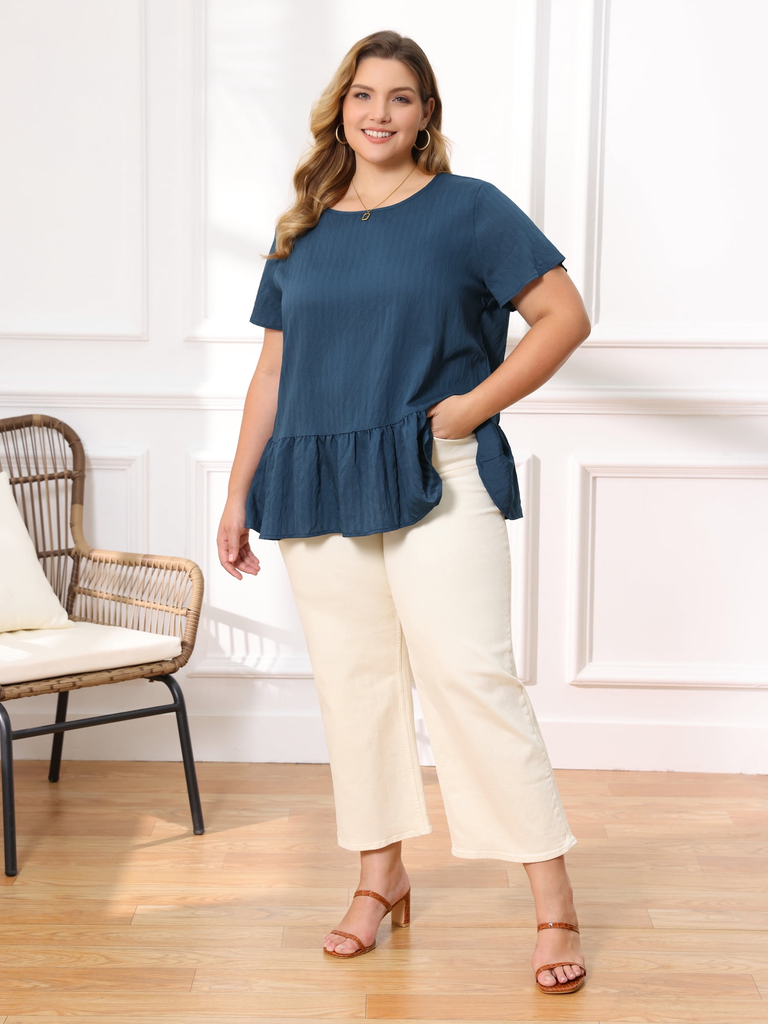 DARING DIVA Women's Plus Babydoll Tops Crew Neck Blouses 4X Navy Blue