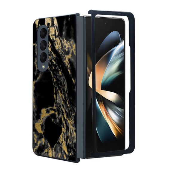 ANJ  Protective Snap-On Design Printed Case Compatible with Samsung Galaxy Z Fold 4 - Black/Gold Marbling