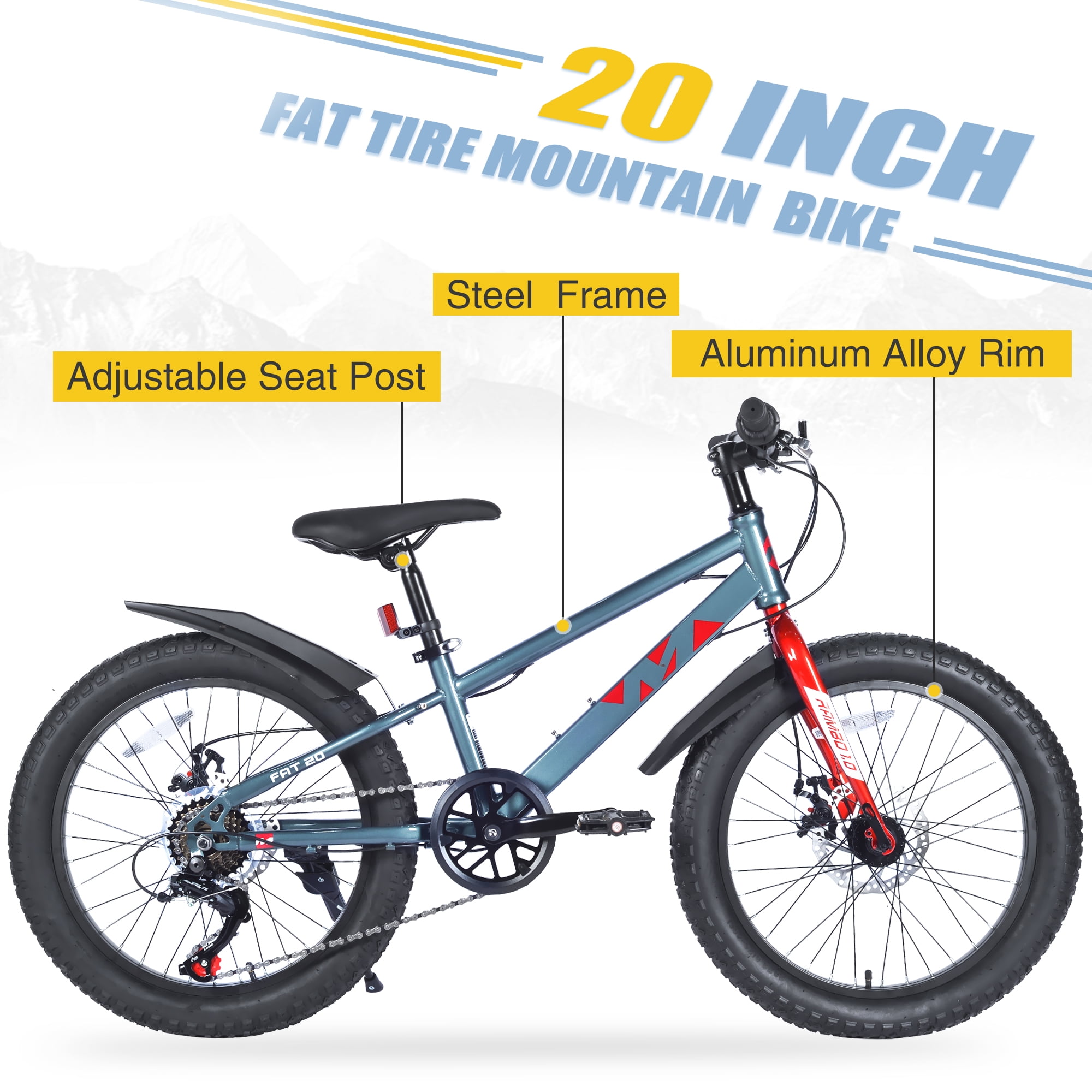 Zukka 20 inch Mountain Bike Fat Tire 7 Speed Hardtail Dual Disc Brake for Youth Boys Girls Gray