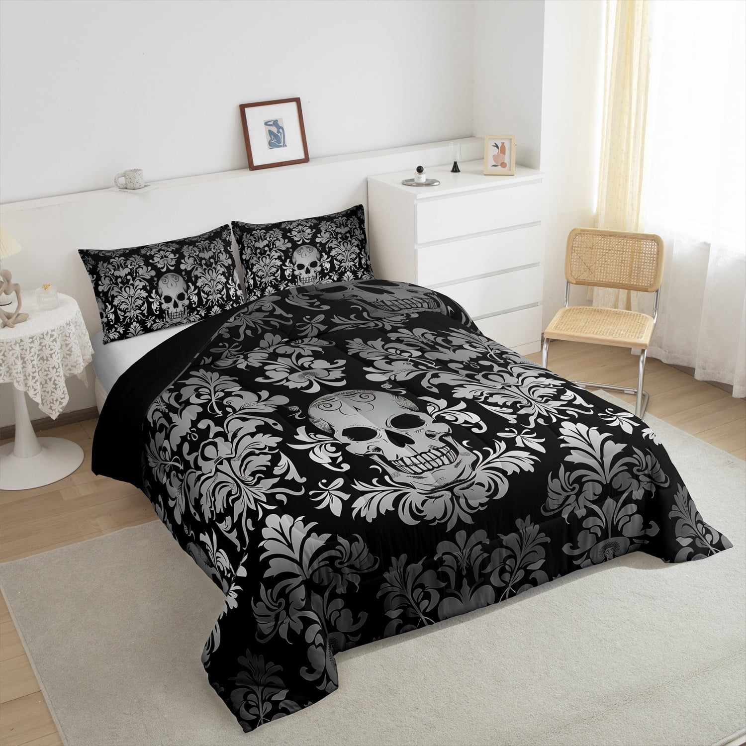 Adults Gray Damask Bedding Set Antique Victorian Baroque Comforter Set Queen Size,Gothic Vintage Floral Quilt Exotic Sugar Skull Duvet Insert,Gothic Bone Skeleton Bohemian Decor,Black