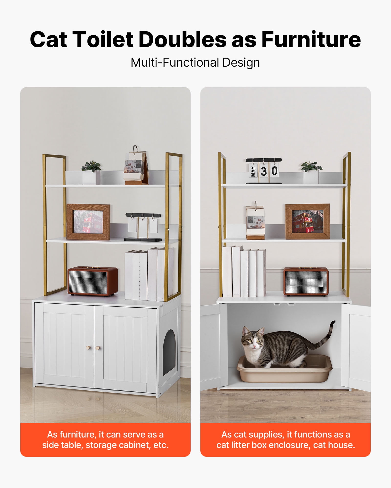 VEVOR Cat Litter Box Enclosure Furniture, 27.6 in Hidden Litter Box Cabinet with Metal Legs & 2-Tier Storage Shelves, Waterproof Cat Washroom Cat House, Fit Most of Litterbox, for Living Room