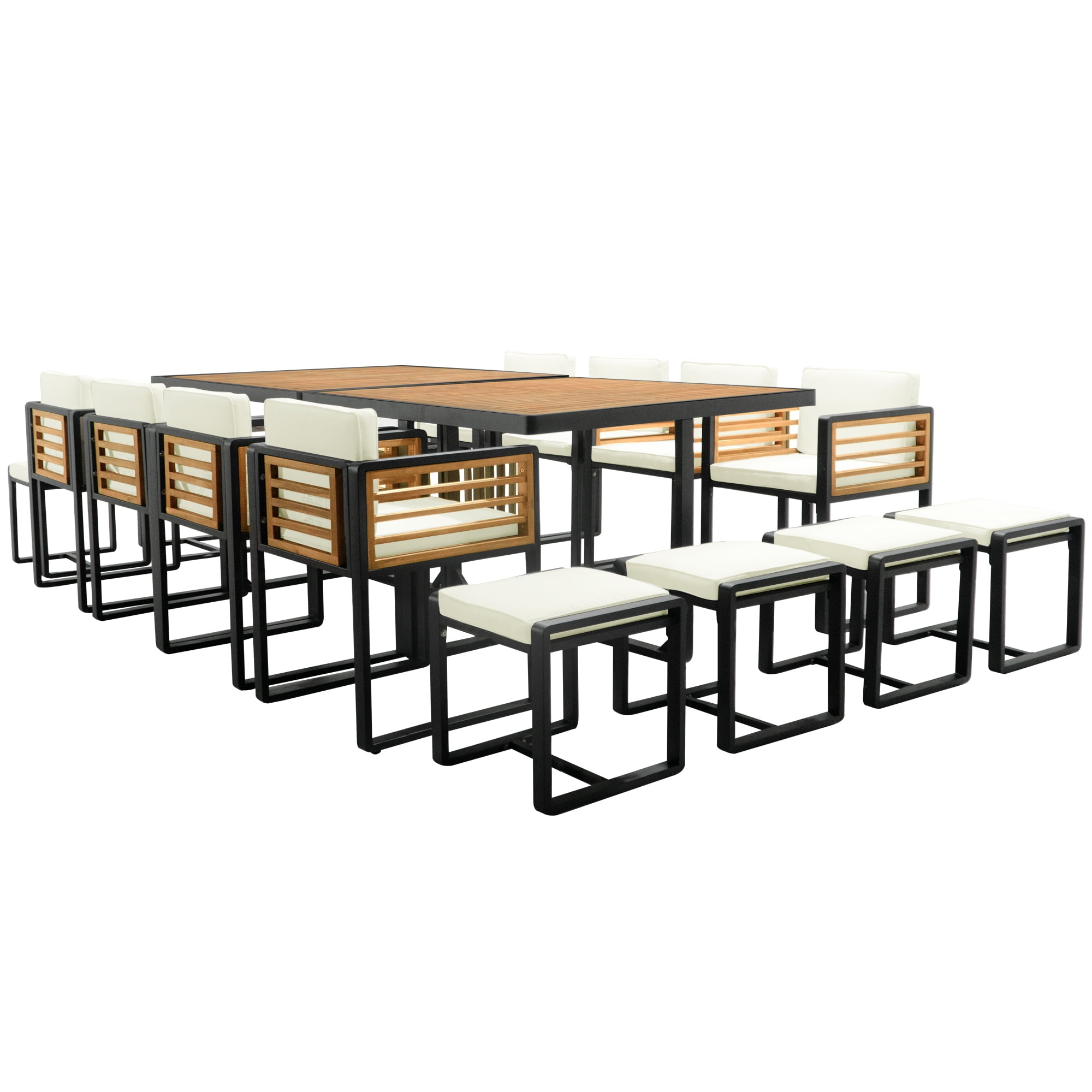 Euroco 18-Pieces Acacia Wood Patio Dining Set, Space Saving Outdoor Patio Set, 8 Cushioned Chairs & 8 Ottomans & 2 Square Table, for Backyard, Garden, Deck and Poolside