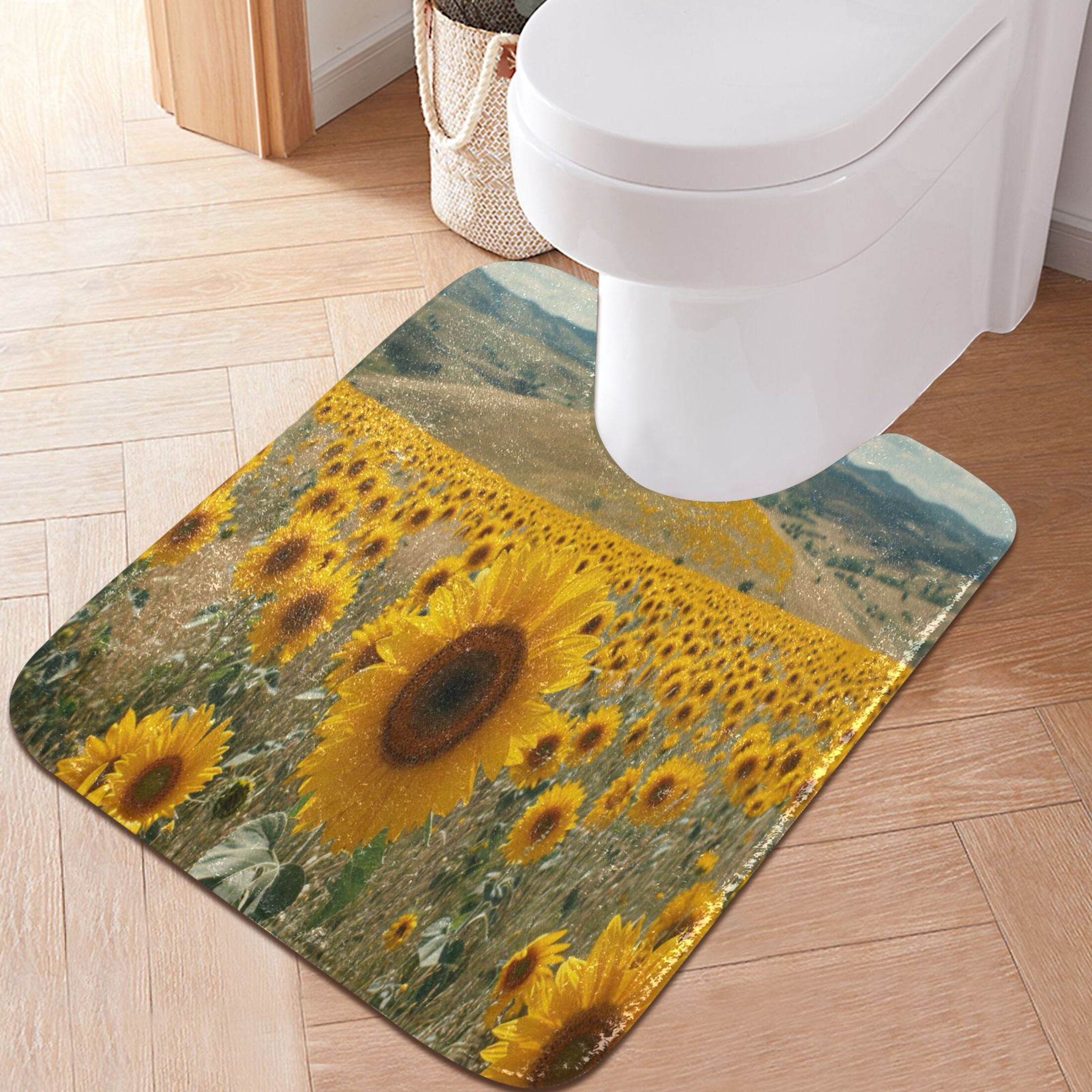 Toilet Rug Set Non-Slip Bathroom Rugs Soft Plush Machine Washable Contour Bath Mat Sunflower Sea 24x20/24x16