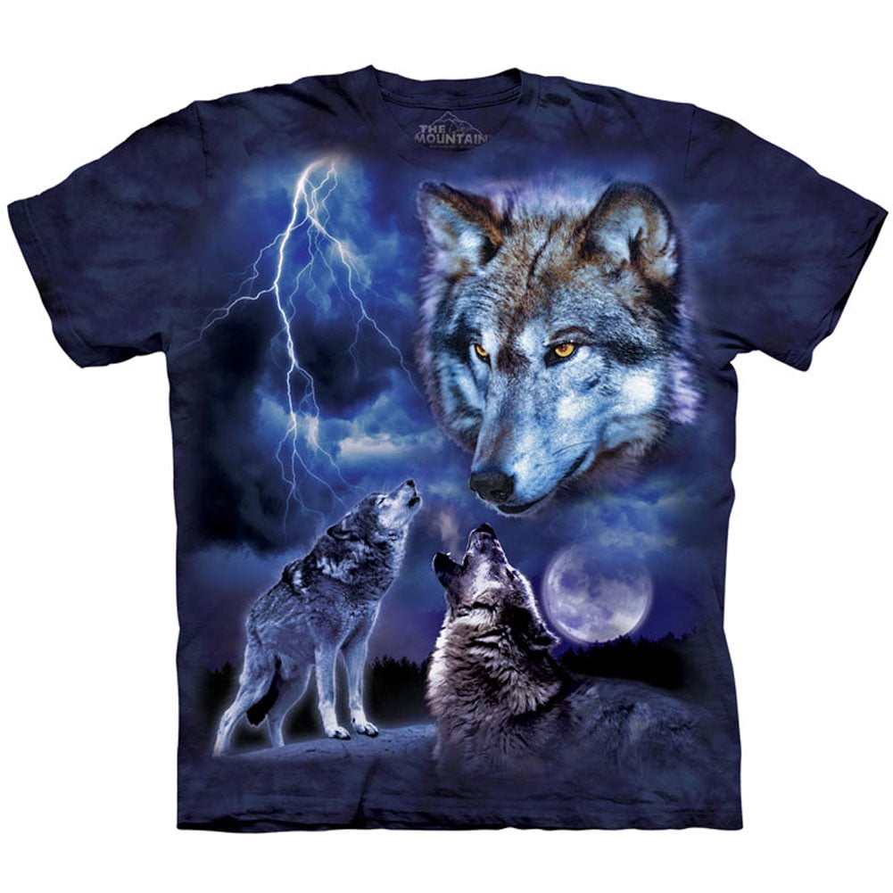 Wolf Family Moon Animal Black Cotton Wolves Dog The Mountain T-Shirt Adult 2X-3X 