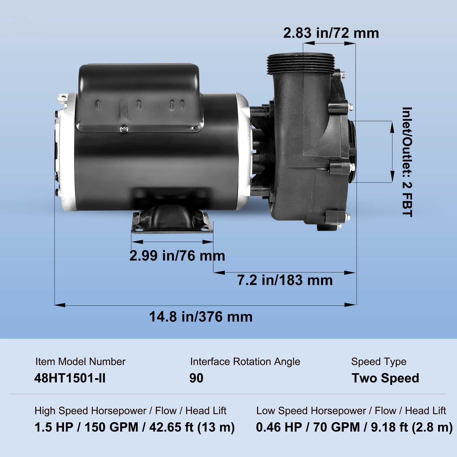 KFFKFF Dual Speed SPA Pump, 48-Frame, AC 110-120V Hot Tub SPA Pump, 1.5HP/150GPM/42.65ft High Speed or 0.46HP/70GPM/9.18ft Low Speed, 2" Port 90° Rotational Interface for Hot Tub