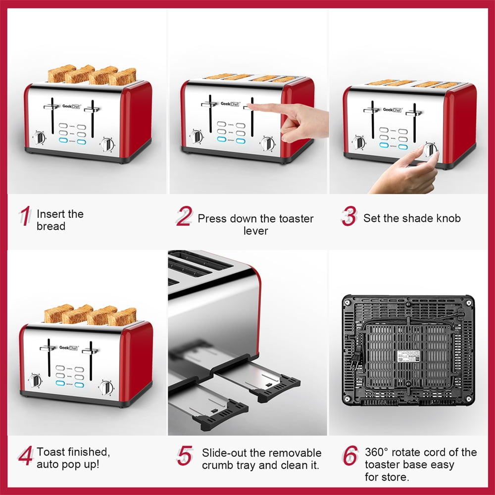Latady Toaster 4 Slices, Geek Chef Stainless Steel Extra-Wide Slot Toaster, Dual Control Panel with Bagel/Defrost/Cancel Function, 6 Shade Settings For Baking Bread, Detachable Crumb Tray
