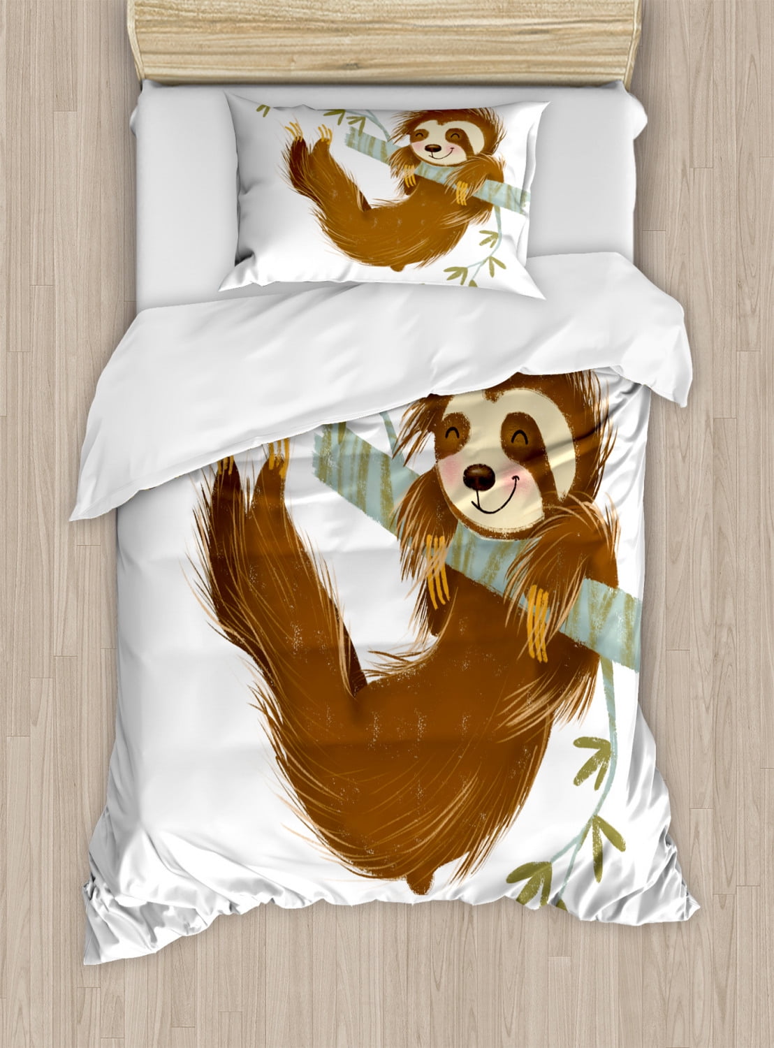 Sloth Duvet Cover Set Twin Size, Happy Cheerful Animal Swinging on Tree ...