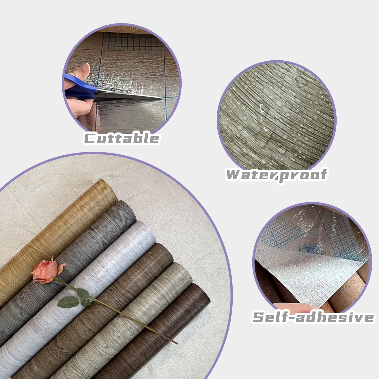 Vinyl Flooring Roll PVC Thickened Peel and Stick Floor Wood Plank Self Adhesive Flooring DIY 23.6" X 196" Dark Brown