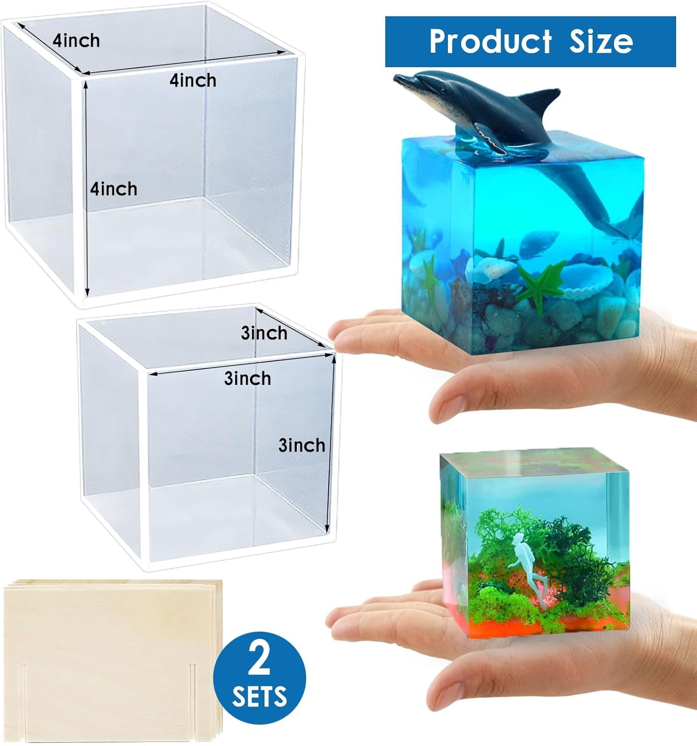 ABCISI 2Pcs Large Cube Resin Molds, 4'' & 3'' Clear Silicone Cube Molds, Resin Flower Preservation Kit, Transparent Deep Square Epoxy Resin Mold with Wooden Support for DIY Craft Home Decor