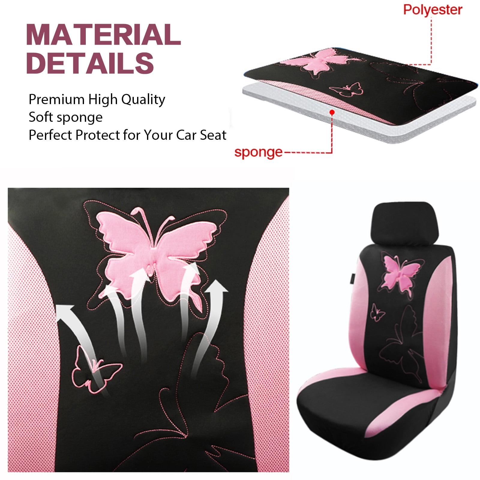OTOEZ Butterfly Car Seat Cover, Breathable Cloth 5 Seats Full Set for Front & Rear Seat Protector, Universal fit Most Honda Toyota Chevy Ford Nissan Truck SUV, Pink