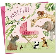 New Baby Girl Card with Pink Crib and Jungle Animals - Congrats, 6.1 x 6.1 in