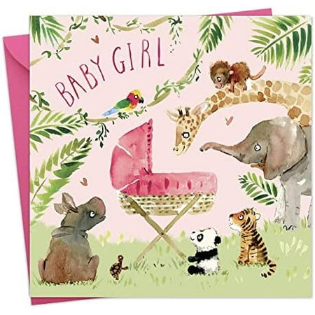 New Baby Girl Card with Pink Crib and Jungle Animals - Congrats, 6.1 x 6.1 in