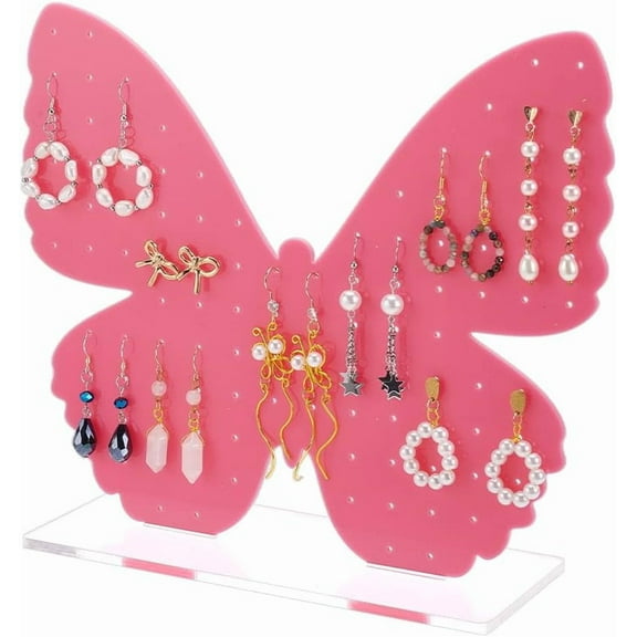 Pink Acrylic Butterfly Earring Display Stand 108 Holes Deep Pink with Clear Base for Ear Stud Organize 9.84x3.15x7.87inch Earring Storage Rack for Jewelry Sellers Crafters Showcasing