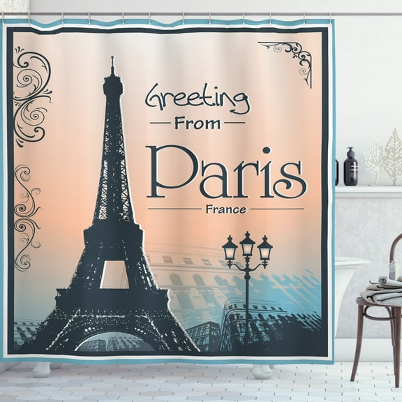 Ambesonne Eiffel Tower Shower Curtain, Greeting from Paris, 69"Wx70"L, Peach Dark Slate Blue