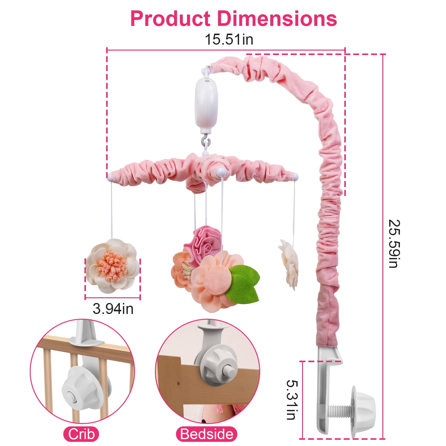 Baby Mobile for Crib TeqHome Pink Floral Musical Crib Mobile for Baby Girls Digital Music Box with 12 Melodies 3 Modes