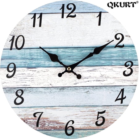 Oumers 10 Wall Clock Wooden, Round Country Retro Rustic Style Wall Clock for Home Office Bathroom Bedroom Living Room Decor, Silent Mechanism, Battery Operated