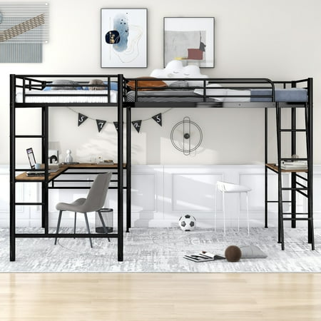 L Shaped Loft Bed with Ladder  Metal Twin Corner Bed with Two Built-in Desks for Teens Adults(Black)