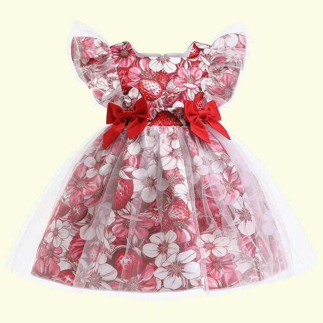 EGNMCR Robe Fille Tout-Petit Filet Fleurs Maille Imprimé Nœud Volants Robe de Fête d'Anniversaire Longue Robe Fille