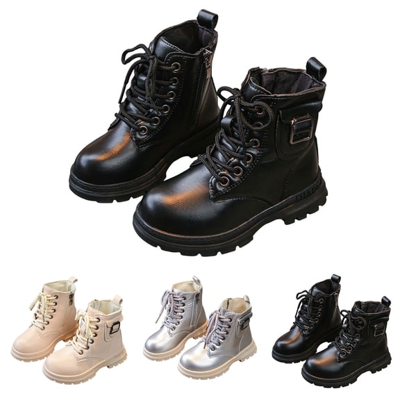 Dakaela 4-12Y Kids Ankle Boots Girls Boys Lace up Combat Booties Side Zipper Toddler Fall Winter Shoes for School Wedding Party Beige