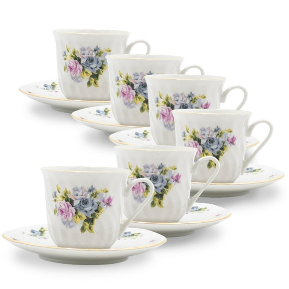 Porcelain Vintage Floral Saucer & Tea Cup Set with Gold Trims & Embossed Swirls - Tea Cups and Saucers for Parties & Celebrations - Serafina Tea Cups Set of 6 by Lynns