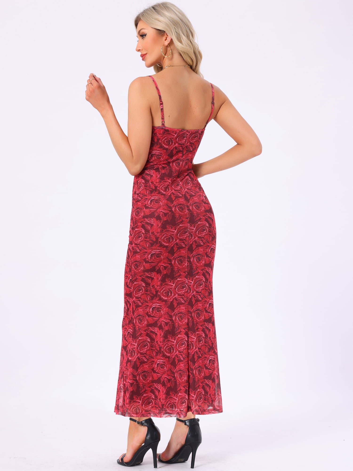 DARING DIVA Floral Maxi Spaghetti Strap Bodycon Dress S Wine Red
