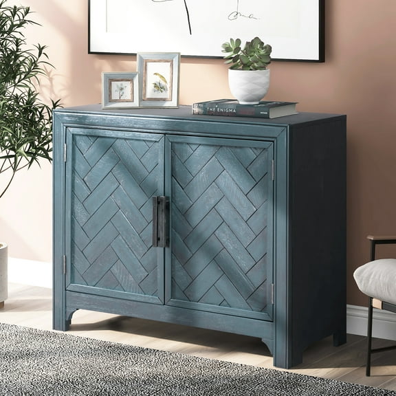 40'' Modern Accent Storage Cabinet, Vintage Look, 1 Adjustable Shelf, , Antique Blue Design With Solid Construction,