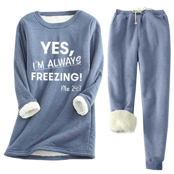 SEAOPEN Women's Winter Warm Sherpa Lined Fleece Sweatshirt Crewneck Sport Pullover Loungewear Tops and Lined Pants Sets Today Blue,XXL