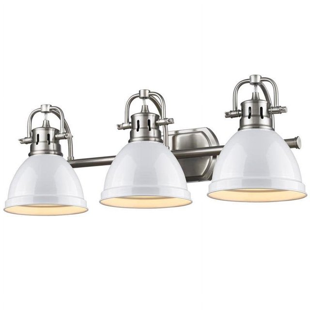 Duncan 3 Light Bath Vanity in Pewter with White Shades