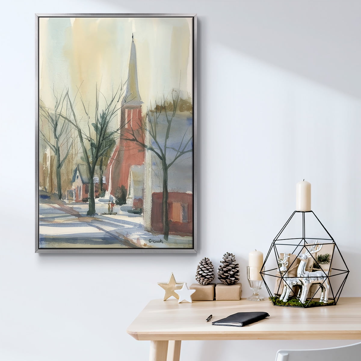 New England Main Street - Framed Gallery Wrapped Holiday Canvas - 17 x 25 - Silver Frame