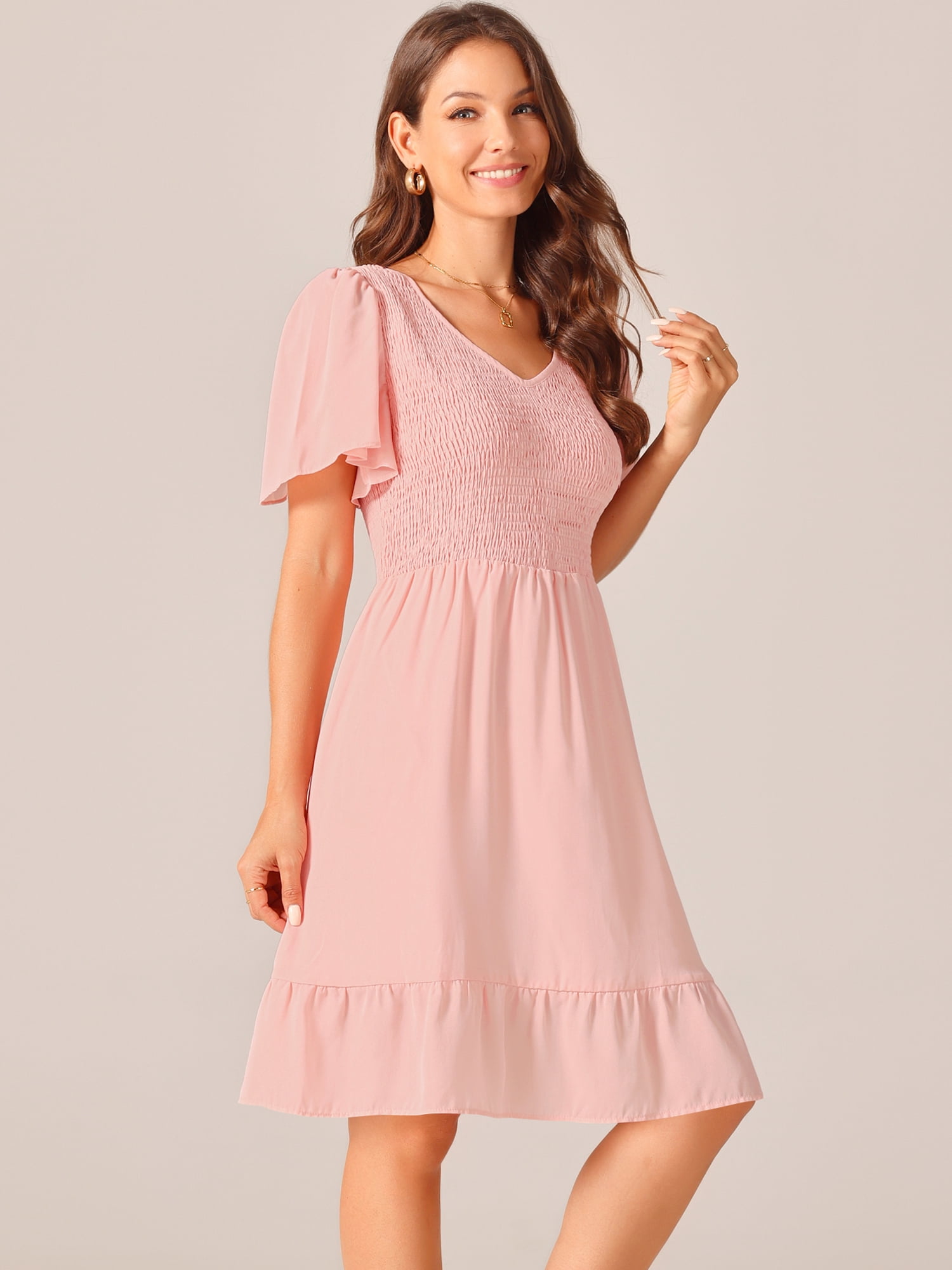 DARING DIVA Chiffon Smocked Flutter Short Sleeve Dress XL Pink