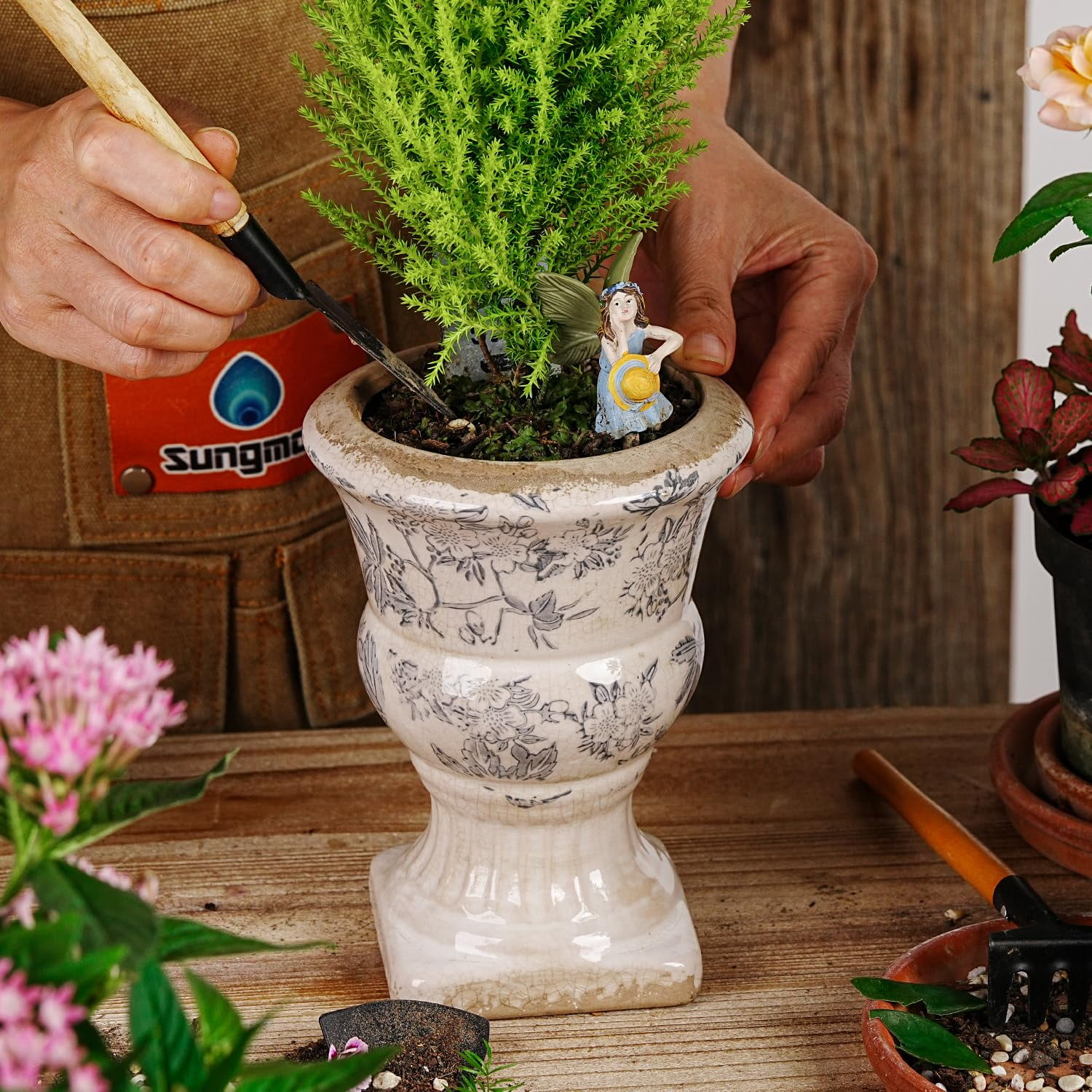 Sungmor Small Ceramic Urn Planter - Grey Scroll Floral Pedestal Flower Pot, Decorative Vintage Chinoiserie Style Planters, Tuscan Accent Vase Indoor Outdoor Plant Holder with Drainage