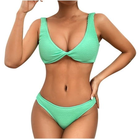 Penkiiy Women Triangle Halter Thong Bikini Set Ruffle Sexy String Two Piece Swimsuit Bathing Swimwear XL Green