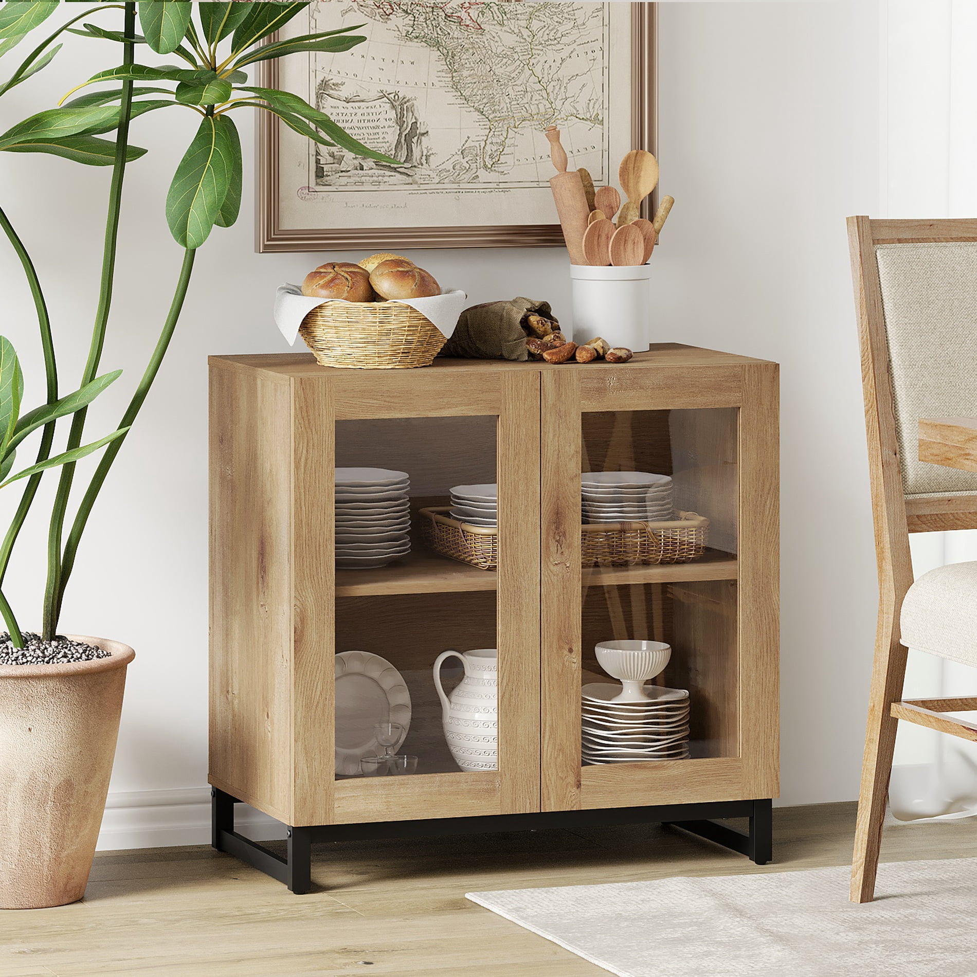 WAMPAT 4 in 1 Multifunctional Sideboard Buffet Cabinets with 8 Glass Doors, Modern Sideboard Credenza with Adjustable Shelf, Coffee Bar Storage Cabinet for Living Room, Kitchen, Oak