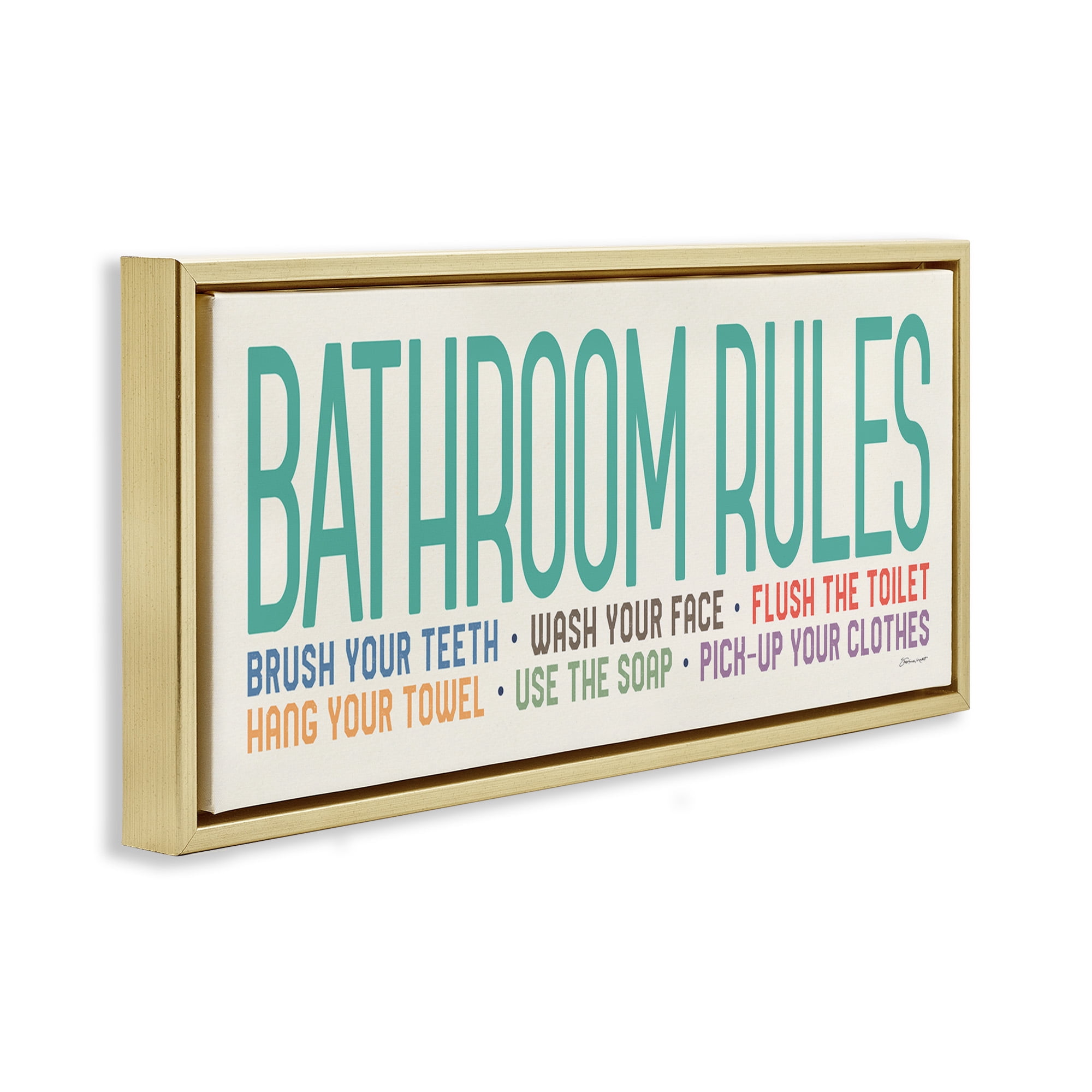 Stupell Industries Bathroom Rules with Teal Text Abstract Painting Gold Floater Framed Canvas Art Print Wall Art, 25 x 11