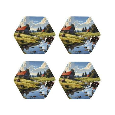

Fuzoiu Pasture Cow A Print Leather Coasters Set Drink Coasters Set of 4 for Tabletop Protection Durable PVC Coasters Home Décor and Housewarming Gift-Hexagon