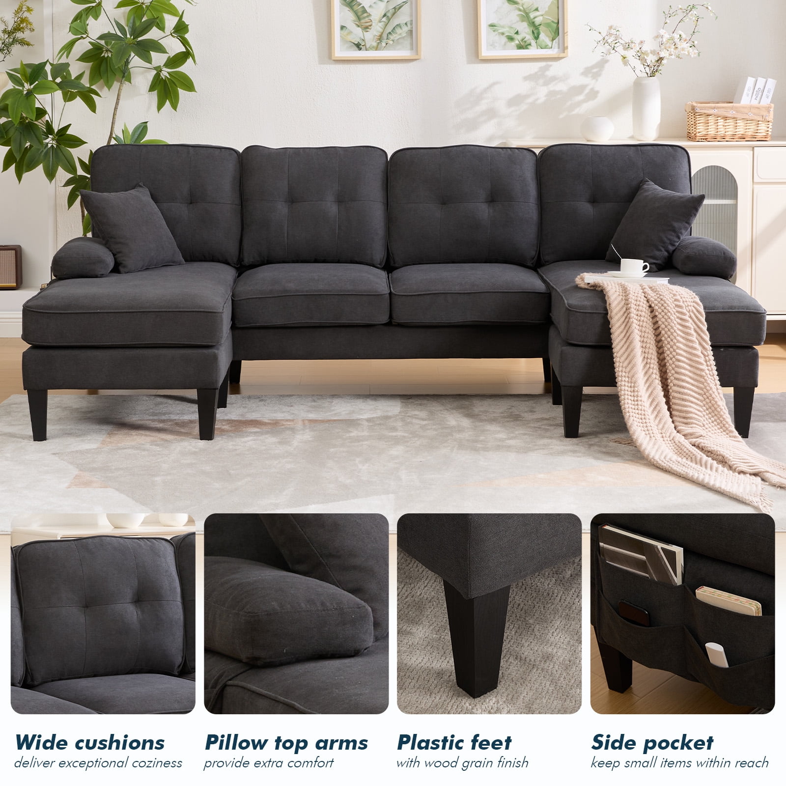 MOONMISS U-Shaped Sectional Sofa, 4 Seater Sectional Couch with Chaise, Modular Sleeper Sectionals for Living Room-Dark Grey